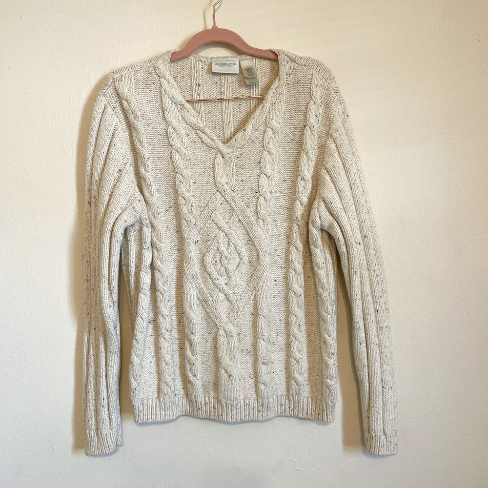 💃🏻 Liz Claiborne | Ivory Speckled Cotton/Wool Blend Cable-Knit Sweater L